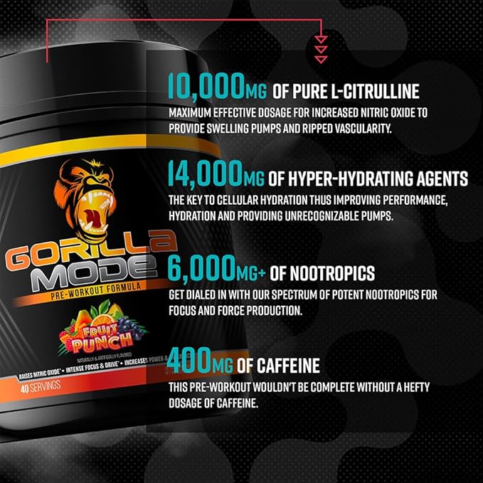 Gorilla Mind Pre Workout - Massive Pumps Laser Focus Energy Power - L-Citrulline, Creatine, L-Tyrosine, Betaine, Hydroprime, Alpha-GPC, 400mg Caffeine, Huperzine A 808g (White Gummy Bear)