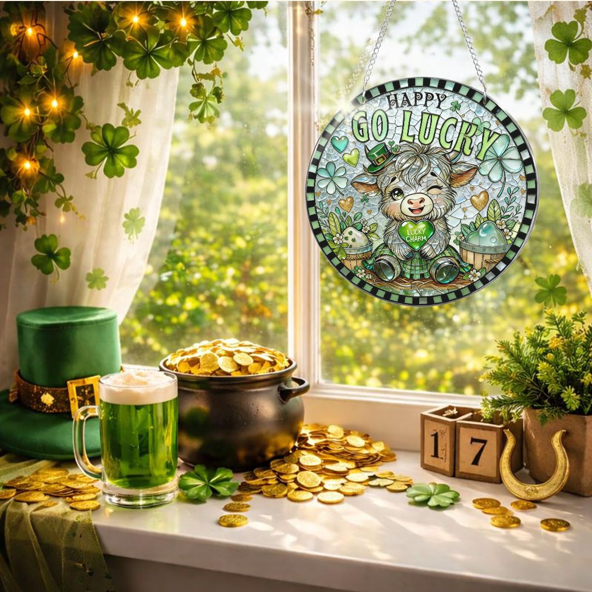 Lucky Charm Highland Cow Decor, Go Lucky Shamrock Acrylic Hanging, St. Patrick’s Day Irish Home Decoration Indoor Outdoor, Sweet Gift for Family Friends