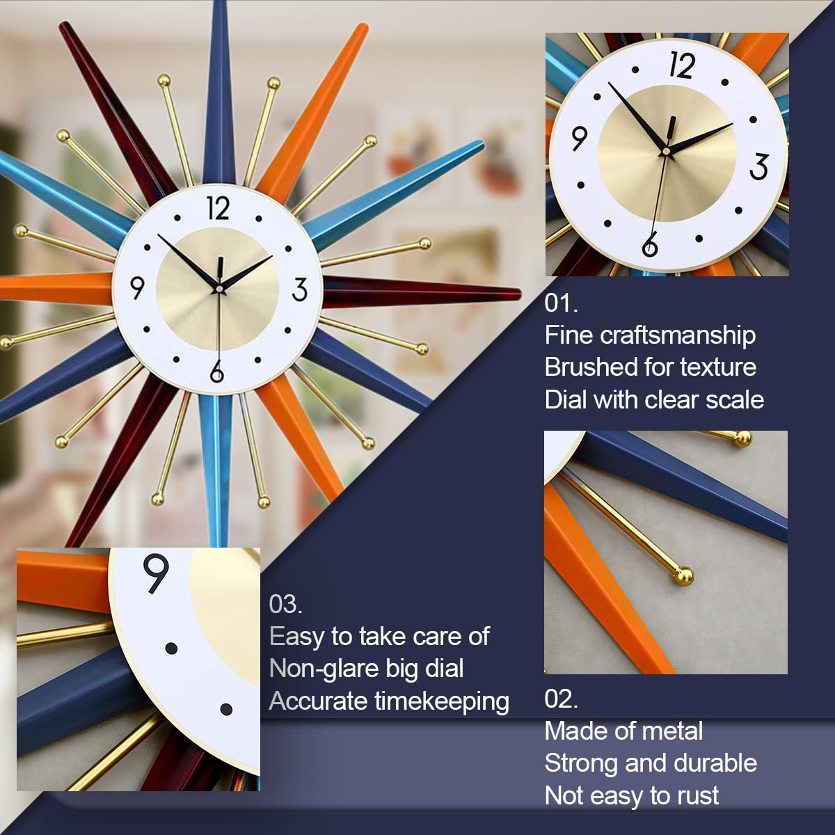FIELDY Large Wall Clock 22 Inch Mid Century Wall Clocks Starburst Clock Non Ticking Battery Operated 3D Wall Clocks Home Décor for Living Room, Kitchen, Dining Room, Bedroom