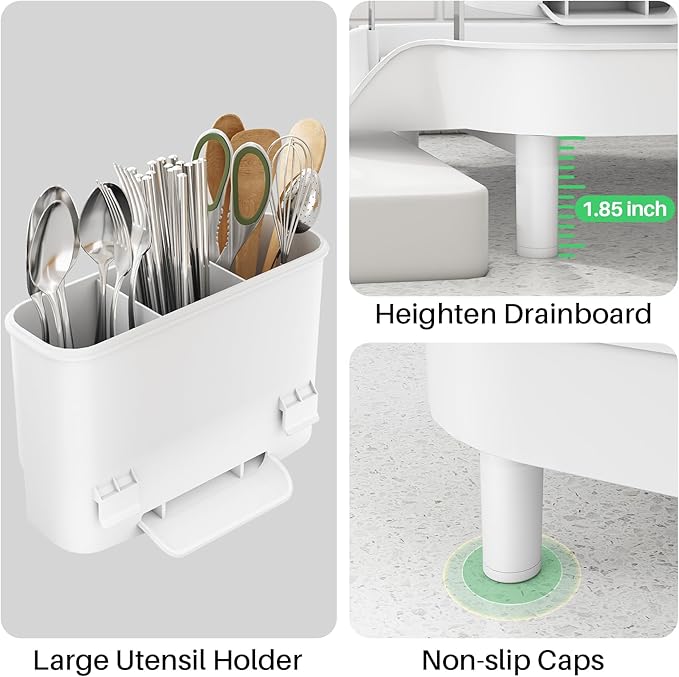 SAYZH Dish Drying Rack - Expandable Dish Rack for Kitchen Counter, Rust-Resistant Dish Drainer with Utensil Holder and Raised Guardrail, Kitchen Organizer for Cup and Bottle (White)