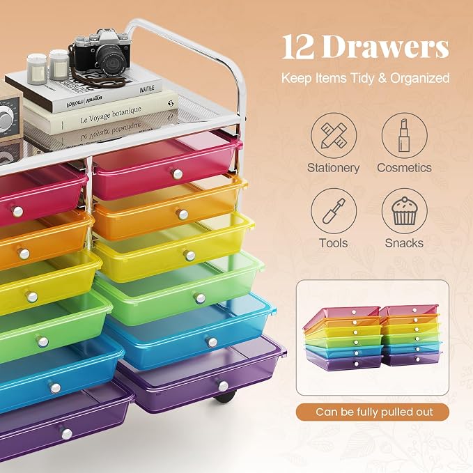 COSTWAY 12-Drawer Rolling Storage Cart, Utility Storage Organizer Cart for Tools, Scrapbook, Paper, Craft, Multipurpose Art Supply Organizer on Wheels for Home Office School, Teacher, Rainbow