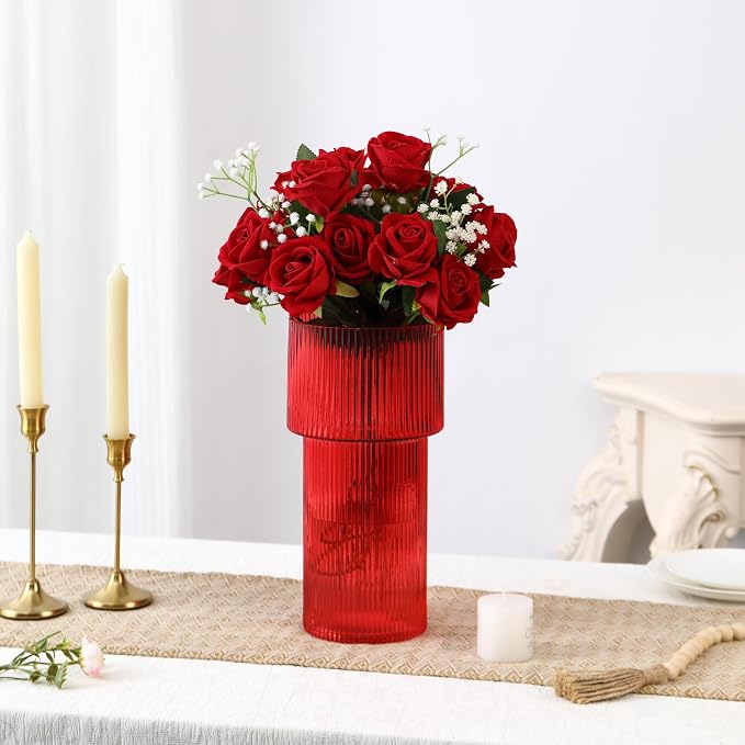 Red Glass Vase, 12 Inches Tall Vase for Flowers, Large Flower Vases for Bouquet, Modern Red Glass Vases for Living Room, Dining Table, Office, Entryway, Mantle, Shelf, Wedding Gifts