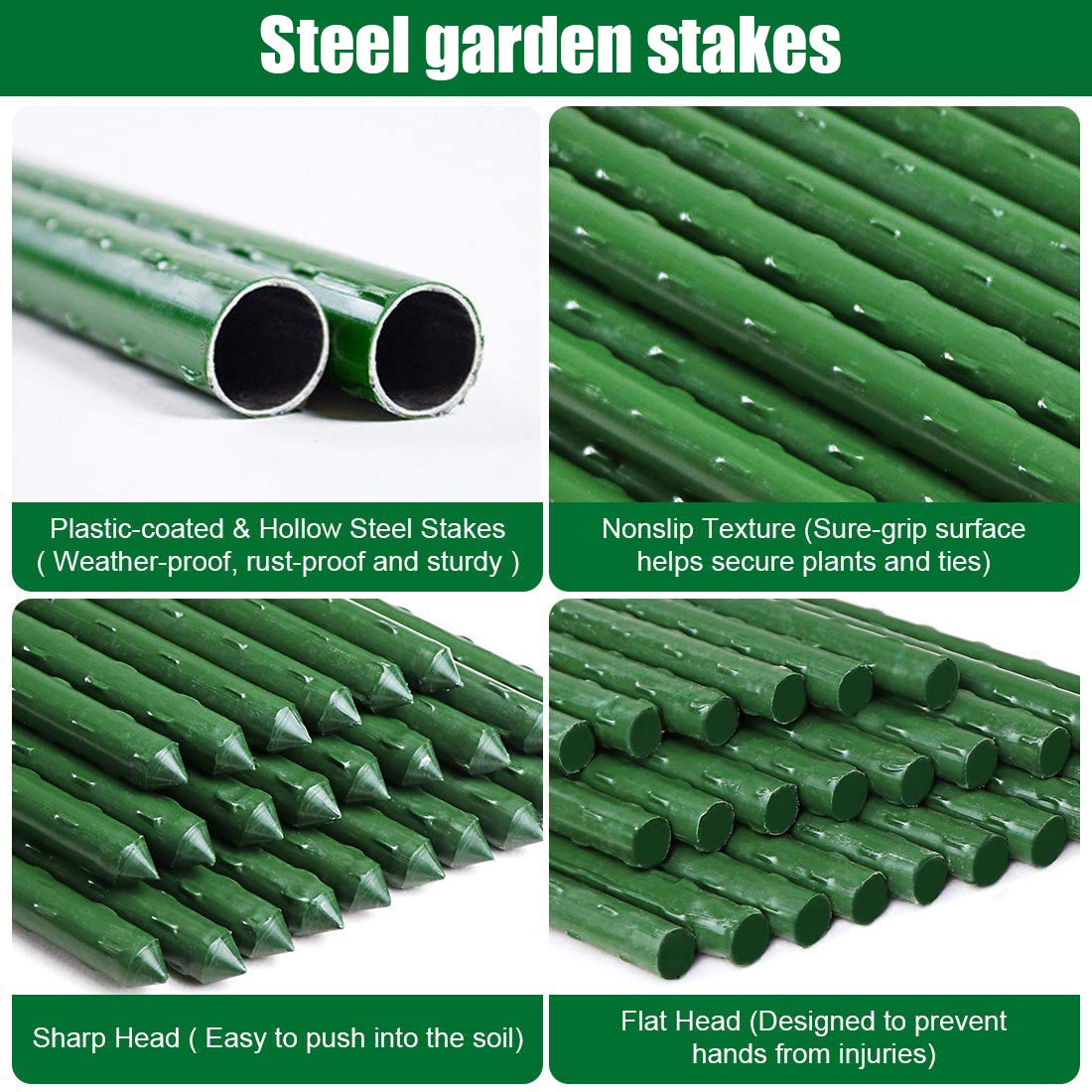 Mininfa Steel Plant Stakes 4 Feet, Plastic Coated Metal Garden Stakes Supports Climbing for Tomatoes, Trees, Beans, 25 Pack