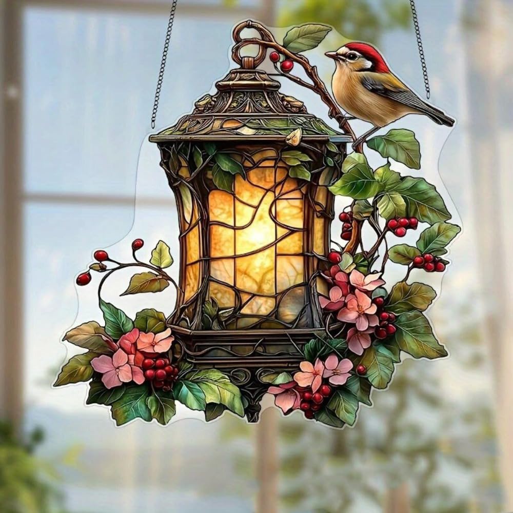 1PC Lantern with Bird and Flowers Acrylic Hanging, 7.08 inch Window Decor with Printed Stained Glass Style Design, Rainbow Maker Wall Art, Gift Idea & Garden Ornament Indoor Outdoor Use/YX-13