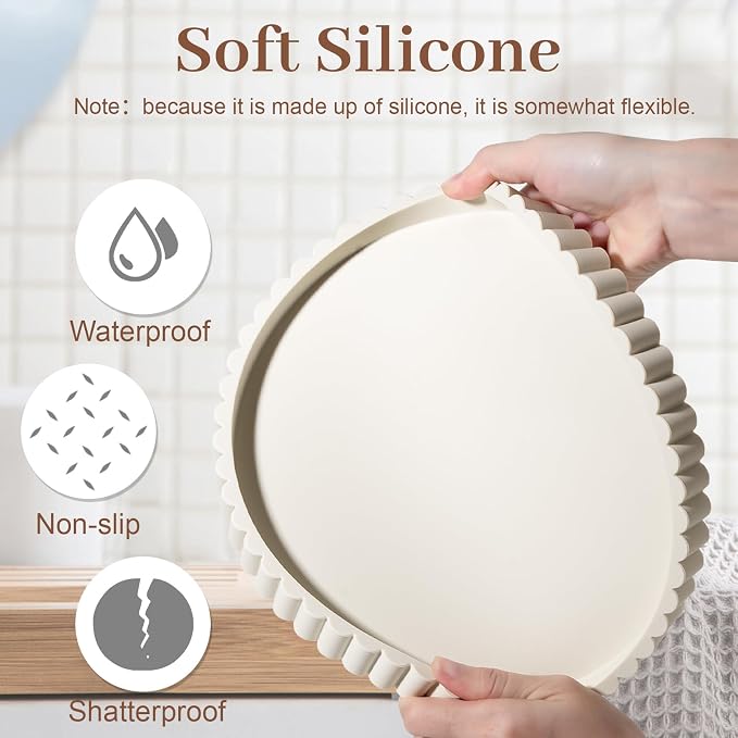 Round Bathroom Tray Silicone Kitchen Counter Decor Vanity Organizer Decorative Coffee Table Tray for Perfume, Candle, Soap Dish, 10 Inch, Beige