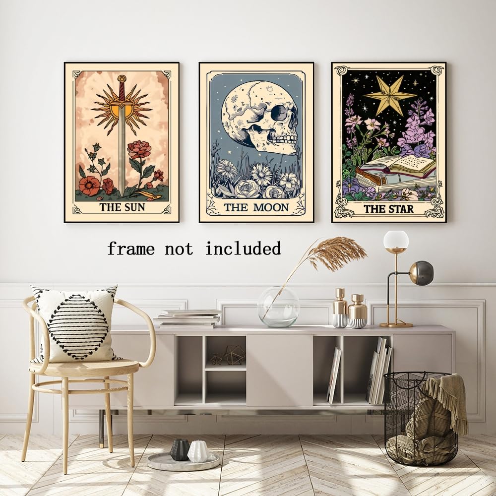 Set of 3 The Sun Moon Star Wall Art Mystical Tarot Card Print Earthy Boho Celestial Pictures Decor Astrology Posters Spiritual Witchy Room Aesthetic Painting for Bedroom 8x12inch Unframed