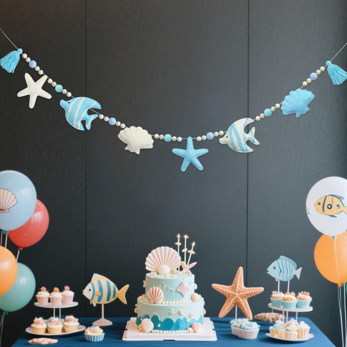 Under The Sea Decorations Pre-Strung Handmade Felt Blue Beige Ocean Fish Starfish Shell Banner Blue Aqua Wool Felt Ball Wooden Beads Tassel Garland for Ocean Beach Shell Mantle Fireplace Home Decor