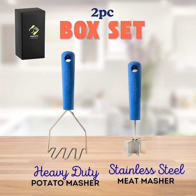 2pc Gift Set | Large Stainless Steel Meat Chopper & Potato Masher | 6-Blade Ground Beef Chopper Tool | Oversized Ergonomic Handle | Heat Resistant Grip | Dishwasher Safe (Lagoon Blue/Lagoon blue)