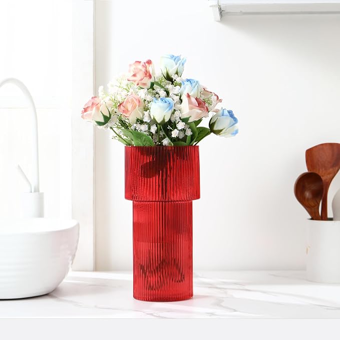 Red Glass Vase, 12 Inches Tall Vase for Flowers, Large Flower Vases for Bouquet, Modern Red Glass Vases for Living Room, Dining Table, Office, Entryway, Mantle, Shelf, Wedding Gifts