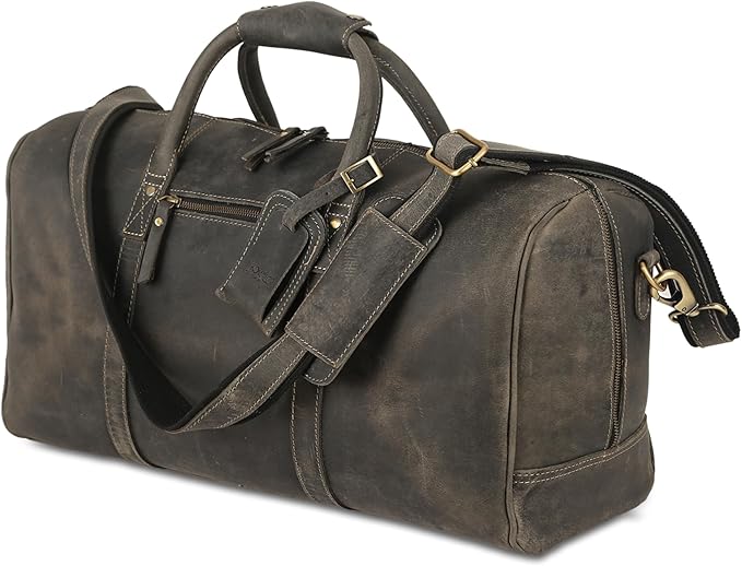 KomalC 24 Inch Leather Duffel Bags for Men and Women Full Grain Leather Travel Overnight Weekend Leather Bags Sports Gym Duffle for Men