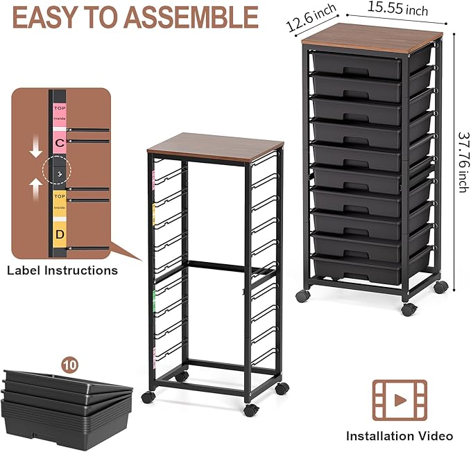 SYKIARIOL Rolling Cart with Drawers,10 Drawer Rolling Cart,Storage Cart,Utility Cart,Teacher Cart for Classroom Storage,Craft Cart with Wheels and Wooden Tabletop,Black