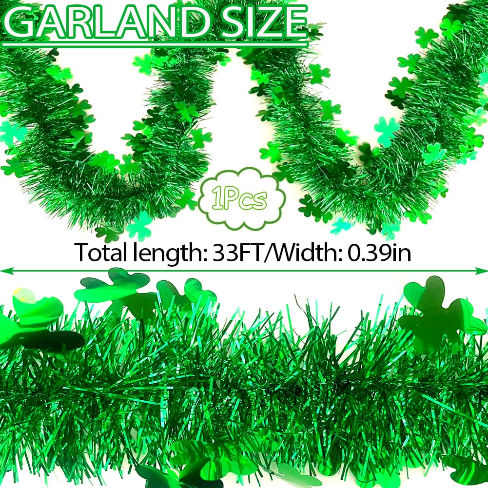 33 Ft St.Patrick's Day Tinsel Garland, Shiny Thick Green Garland with Shamrock Designs Irish Holiday Party Clover Hanging Decorations for Saint Patrick's Day Home Indoor Outdoor Party Decor