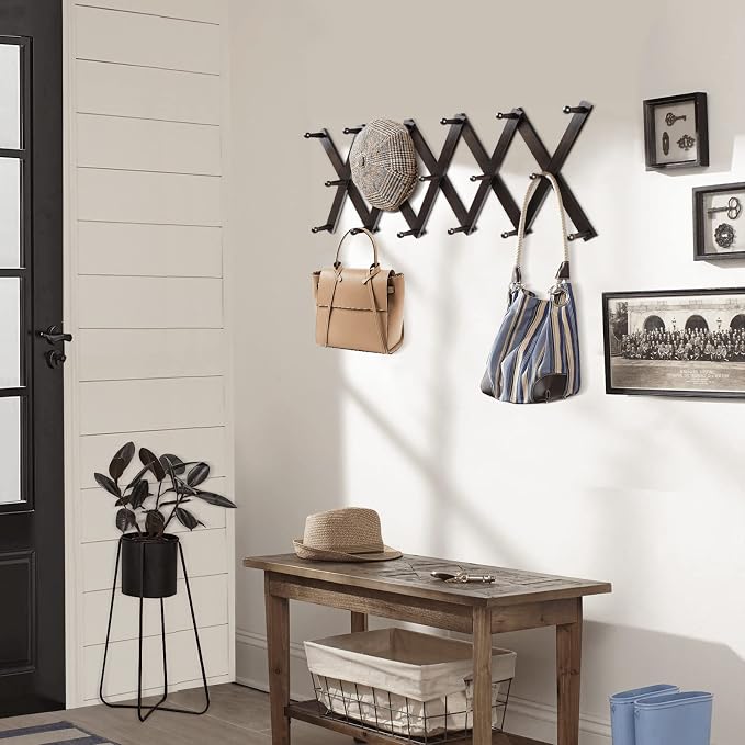 Homode Accordion Wall Hanger, Hat Hangers Wall Mounted, Wood Accordian Coat Rack with 17 Hooks, Expandable Peg Rack Wall Organizer for Hanging Baseball Caps, Hats, Purse, Coffee Cup, Bag, Walnut