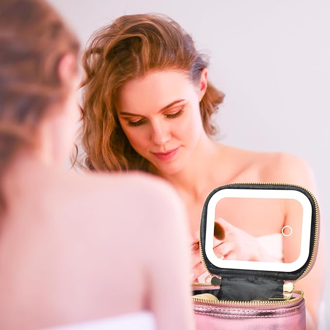 Mini Makeup Bag with Led Mirror,Small Travel Make up Bag 3 Light Modes Adjustable Brightness, for Women Organizer Cosmetic Bag, Portable Travel Train Toiletry Bag, for Pool Parties Work Touch-Ups