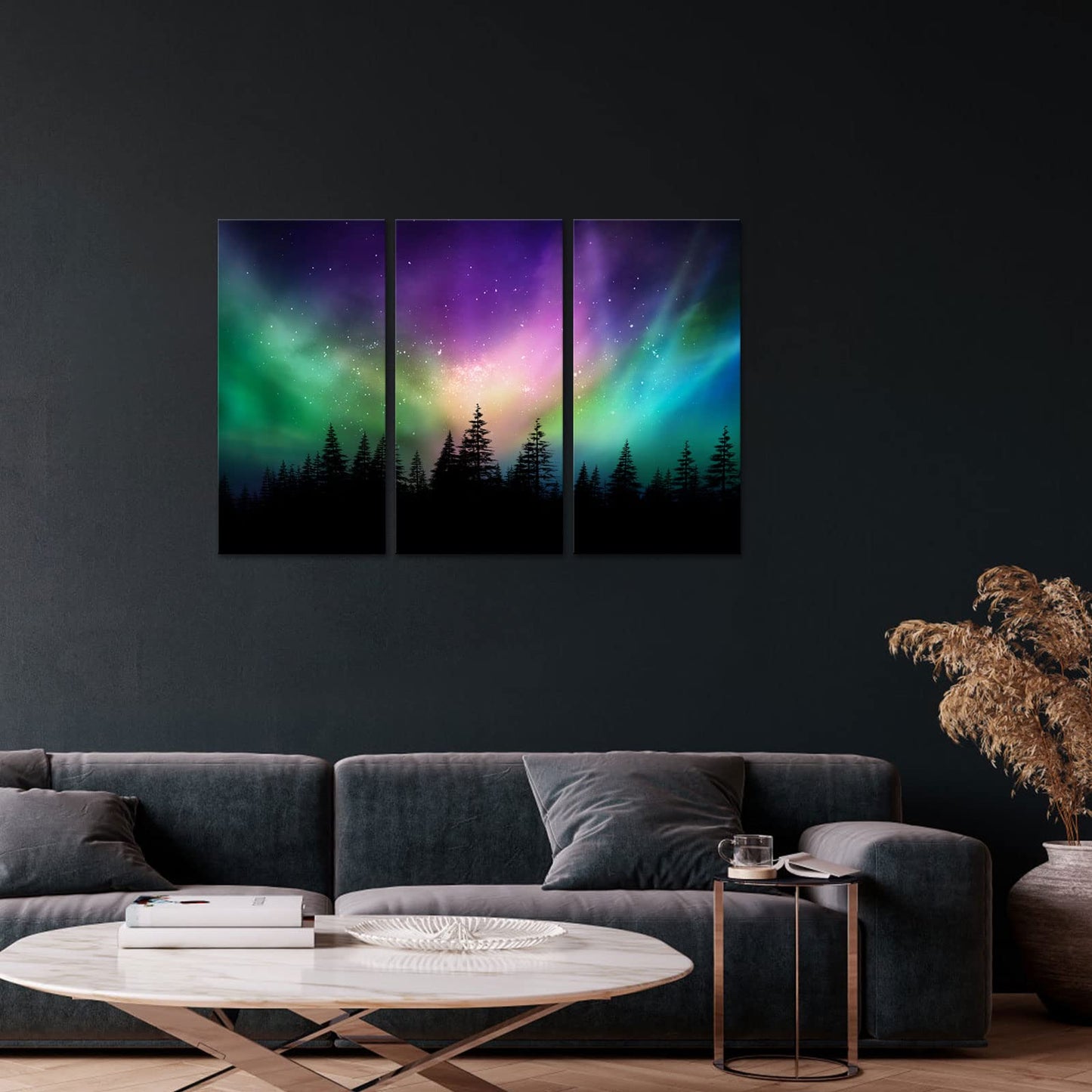 Innopics Northern Lights Wall Art Green Aurora Starry Home Decor Forests Landscape Pictures Photography Canvas Prints Art for Living Room Bedroom Offices 12" W x 24" H x3PCS