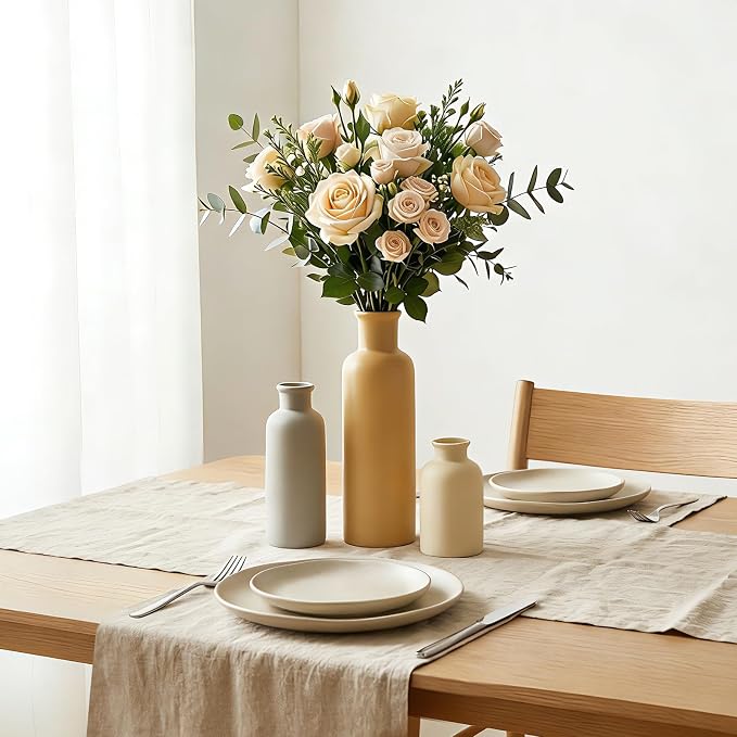 Ceramic Vase Set of 3, Brown Neutral Rustic Vases for Farmhouse Decor, Pampas Grass & Dried Flowers and Table Living Room Home Decor