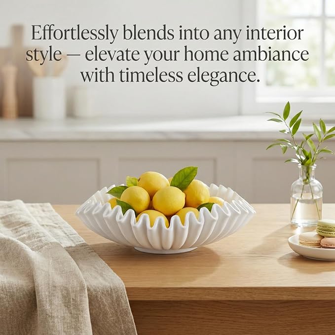 FESTGLOX White Decorative Bowl, Modern Handicraft Ruffle Key Bowls for Living Entryway Table, Decorative Fruit Bowl for Kitchen Counter, Coffee Tables