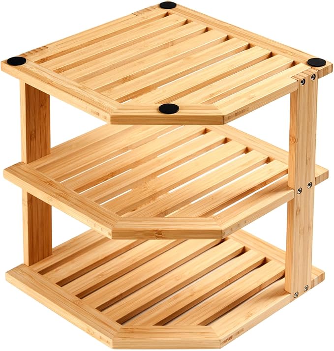 Umilife Plate Organizer for Cabinet, Bamboo Corner Shelf, Dish & Bread Organizer, Spice Rack, Kitchen Bathroom Countertop Storage Organization Space Saver