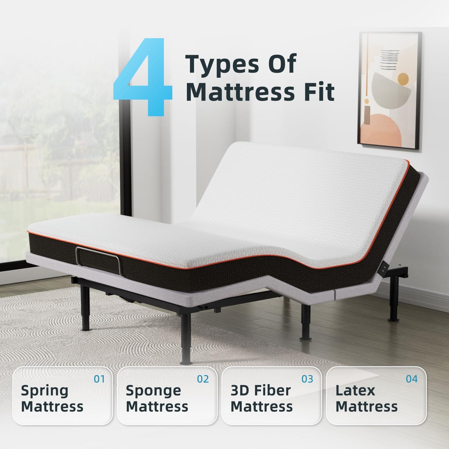 Yiree Queen Adjustable Bed Base Frame, Wireless Remote & Lift Motor, Dual USB Ports,Ergonomic Upholstered Bed Frame, Under Bed Lighting, Independent Head and Foot Tilt
