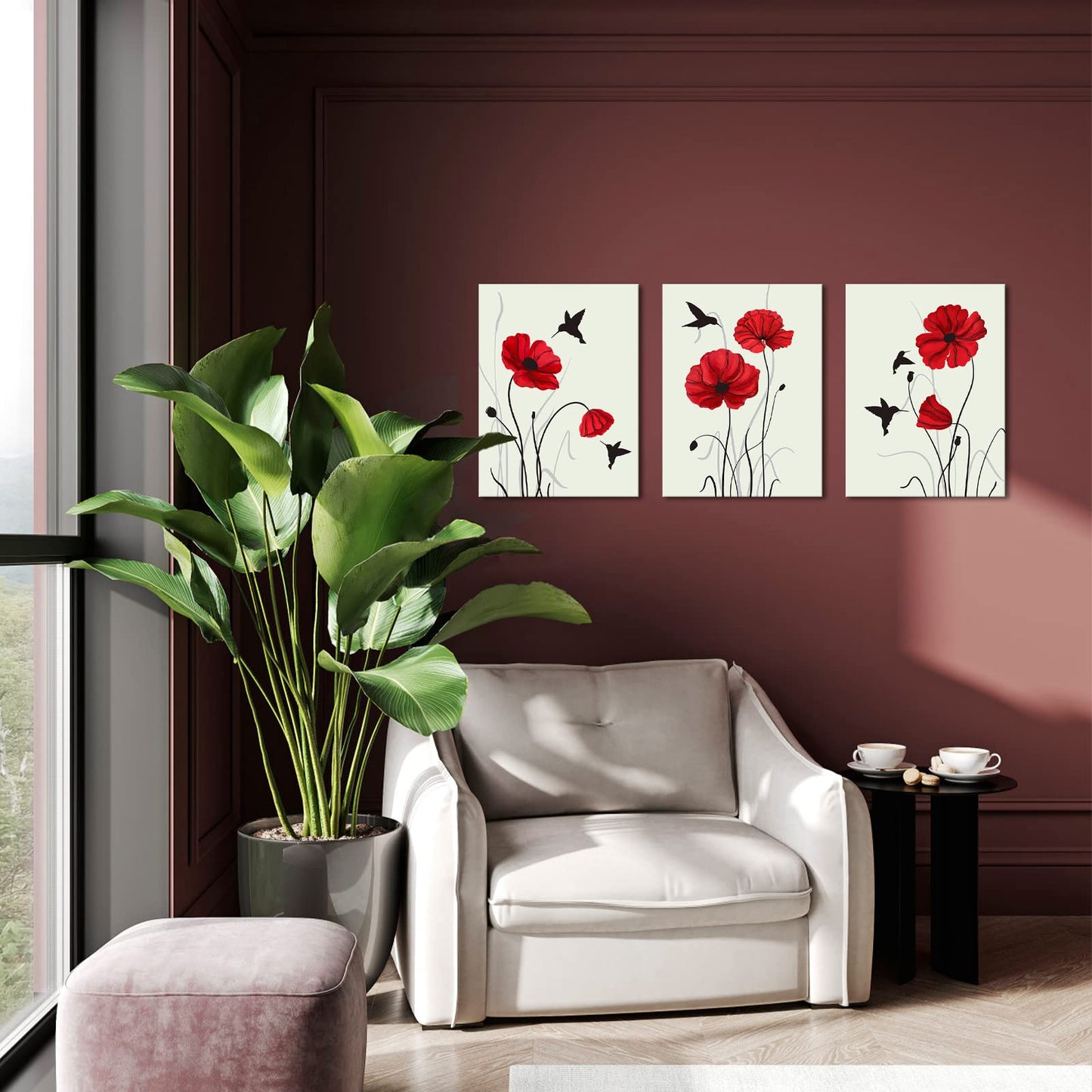 Biuteawal 3 Panels Red Poppy Picture Prints on Canvas Hummingbird with Flower Painting Wall Art Retro Flower Artwork Home Dining Room Bedroom Bathroom Framed Ready to Hang