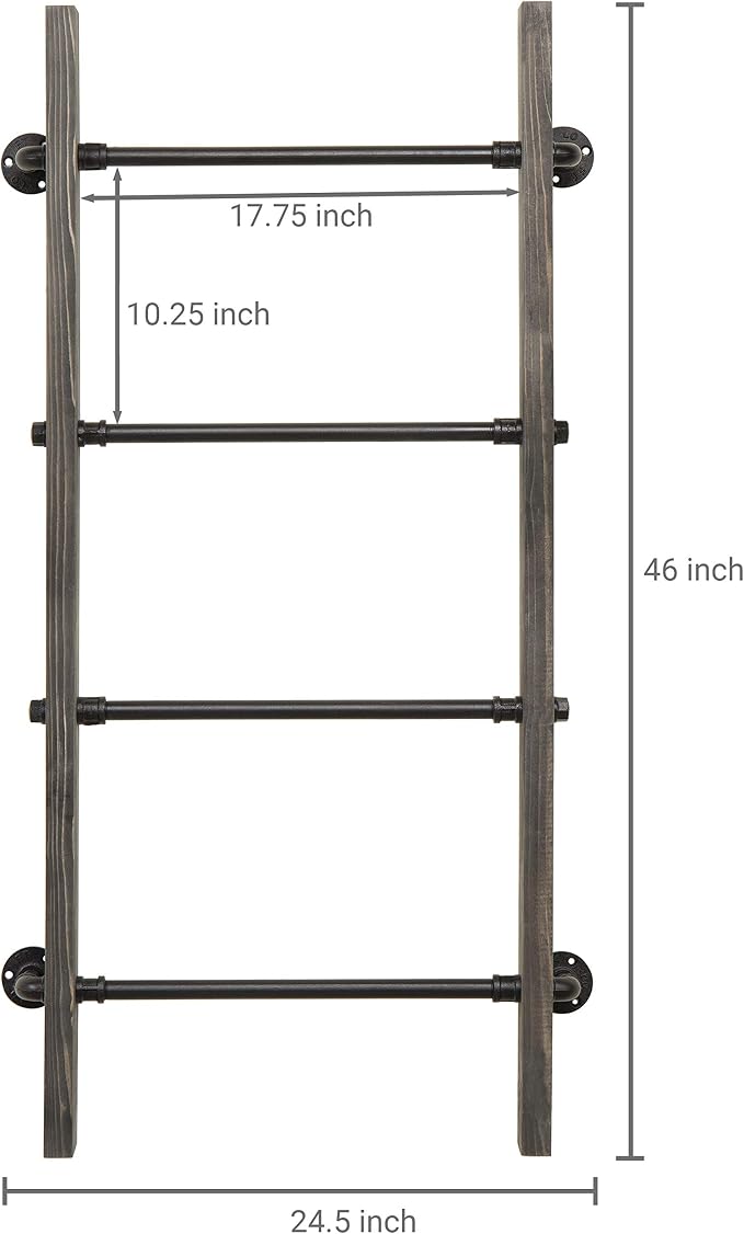 MyGift Wall Mounted Blanket Ladder Farmhouse Gray Wood and Industrial Metal Pipe Towel Hanging Rack
