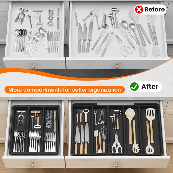 Large Silverware Organizer, Expandable Utensil Drawer Organizer for Kitchen Drawers, Kitchen Drawer Organizer for Spoons/Forks/Knives, Multipurpose & BPA Free Cutlery Tray, Black, 1 Pack
