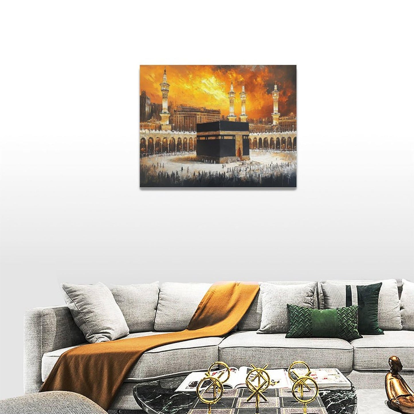 Islam Religious Wall Art Islamic Mosque Kaaba Pictures Wall Decor Black Gold Mecca Muslim Canvas Prints Painting Framed Artwork Decoration for Faith Bedroom Dining Room Living Room Office 16"x12"