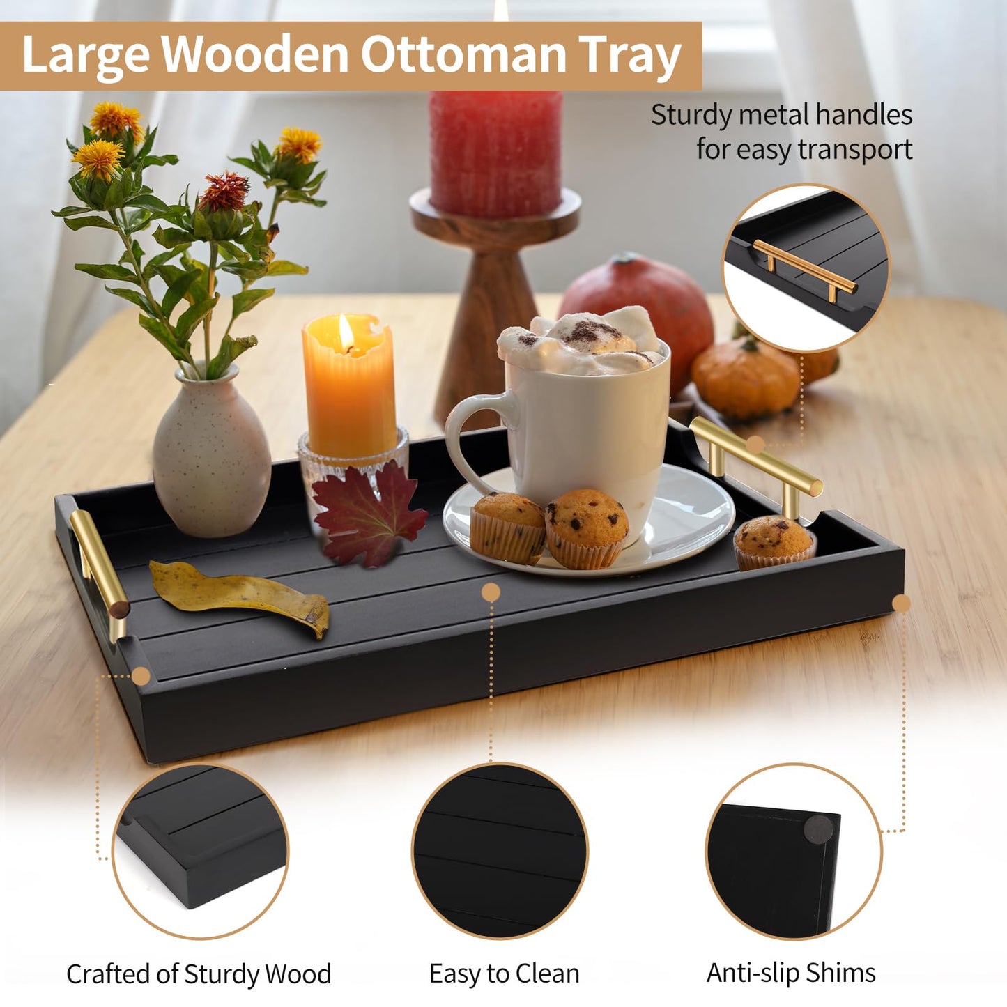 SXNOWS Coffee Table Trays - Large Ottoman Tray for Living Room -Wood Serving Tray with 2 Sets of Handles - Wooden Tray for Coffee Table, 4 Round Coasters Included, Black