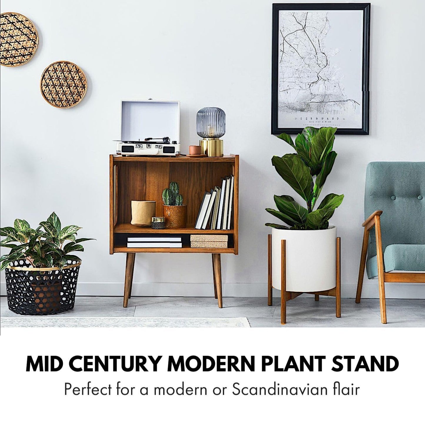 Fox & Fern Large Adjustable Plant Stand Indoor — 11 to 15 Inch Mid Century Bamboo Plant Stand - Plug In Design - Easy to Assemble - Two Heights - For 11, 12, 13, 14 & 15 Inch Pots (Not Included)