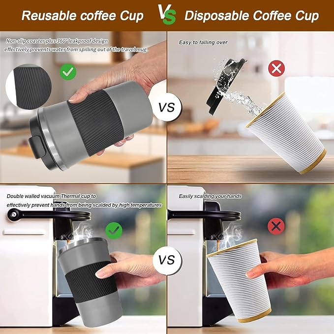 YINBAOGE Insulated Travel Coffee Mug, Spill & Leak Proof, Portable To Go Camping Stainless Steel Coffee Tumbler, Reusable Thermal Coffee Cup with Lid for Hot & Cold Drinks (Grey, 17 OZ)