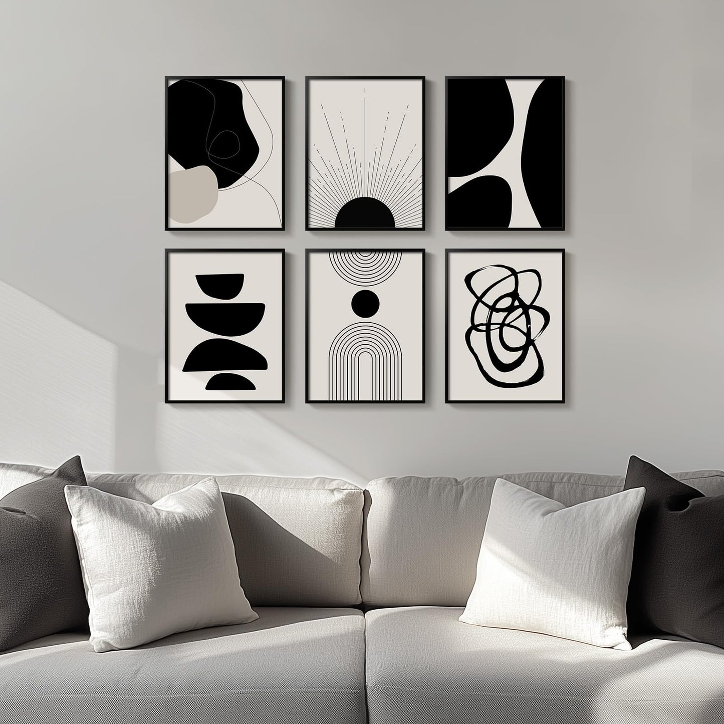 Framed Boho Black and White Abstract Wall Art, Set of 6 Modern Canvas Prints Paintings Artwork for Walls, Minimalist Geometric Pictures for Living Room Bedroom Office Bathroom Wall Decor 11x14 Inch
