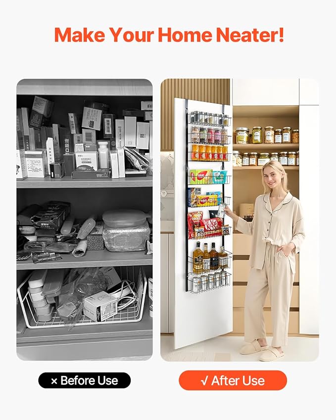VEVOR Over the Door Pantry Organizer, 8-Tier Pantry Organization and Storage, Heavy-Duty Steel Hanging Spice Rack, Adjustable Wall Seasoning Shelves, for Home Kitchen Laundry Room Bathroom, Black