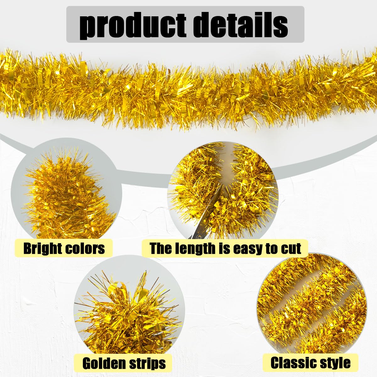 Yocknoce Gold Tinsel Garland, 33 Ft Twist Metallic Hanging Decor for Christmas Tree, New Year Eve Party, Wedding, Anniversary Backdrop, Festive Indoor Outdoor Decorations