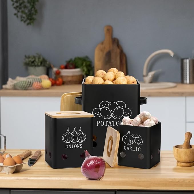 WUWEOT 3 Pack Vegetable Storage Tins, Potato Onion Garlic Storage Canister, Black Metal Vegetable Fresh Keeper Caddy, Kitchen Pantry Organizer Jars with Bamboo Lid and Aerating Holes