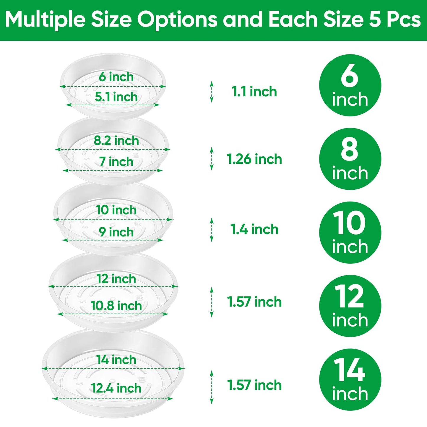 Dovesail 25 Pack Plant Saucer Tray, 6/8 / 10/12 /14 inch Heavy Duty Flower Pot Trays, Plastic Plant Saucer for Indoor & Outdoor Plants, Plant Trays to Catch Water, 5 Pieces of Each Size