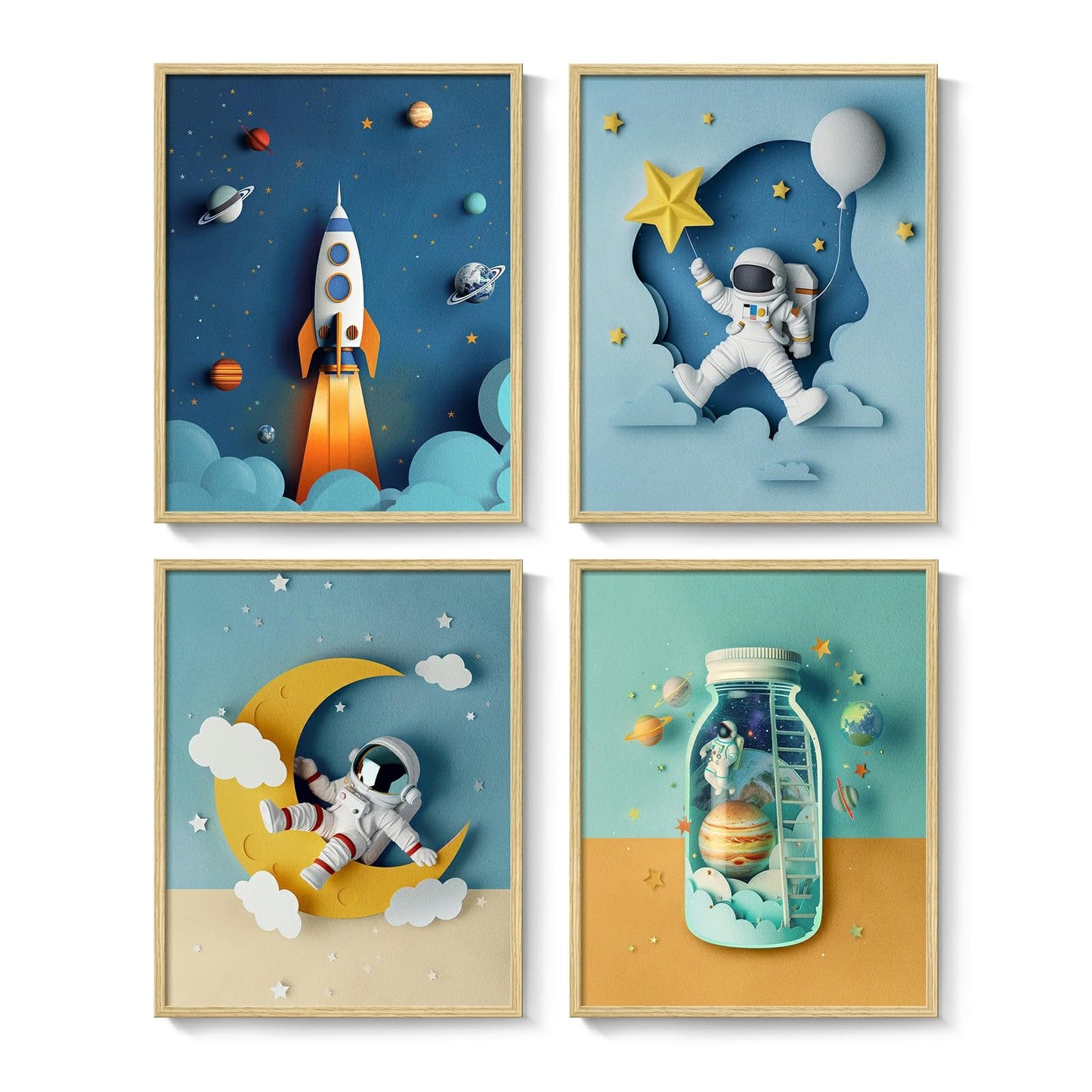 Framed Space Astronaut Cool Wall Art for Nursery Decor, 4 Piece Modern Space Themed Canvas Prints Artwork for Walls, Rocket Pictures for Bedroom, Kids Room, Baby Room, Boys Room, Bathroom Wall Decor