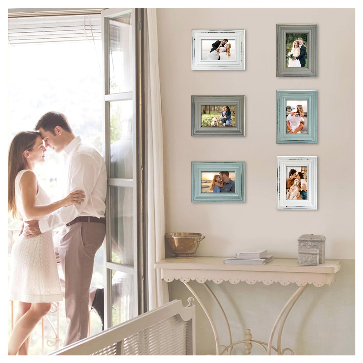 Vintage 4x6 Inches Wooden Picture Frame Pack of 3 Farmhouse Aqua Grey White - Rustic Thick Wood High Definition Glass Photo Frame Outside 6x8 Inches - 2 Ways Display Tabletop or Wall Mounted