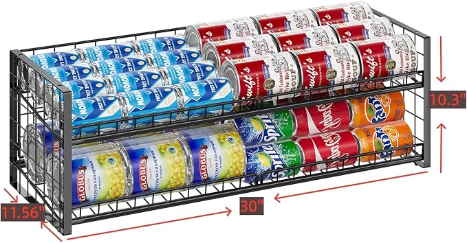 Sbanmao Extra-Long 2-Tier Stackable Can Organizer for Pantry, Sturdy Can Holder for Canned Soup Food Goods Storage up to 64 Cans, Black