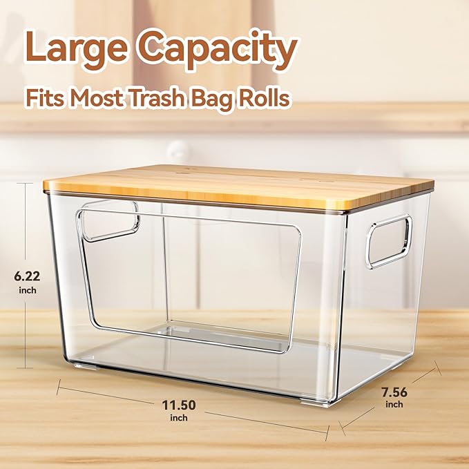 spospo 4 Pack Trash Bag Holder with Bamboo Lid, Stackable Trashbag Dispenser, Extra Large Garbage Bag Holder for Kitchen Laundry Room Under Sink Organization and Storage