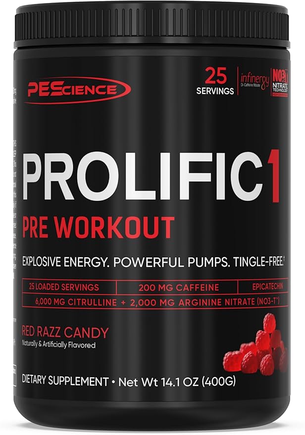 PEScience Prolific-1 Pre Workout Powder for Men & Women with L-Citrulline, Nitric Oxide Booster, Energy Powder & Nootropic for Focus ??Preworkout Without Beta Alanine ??25 Scoops, Red Razz Candy