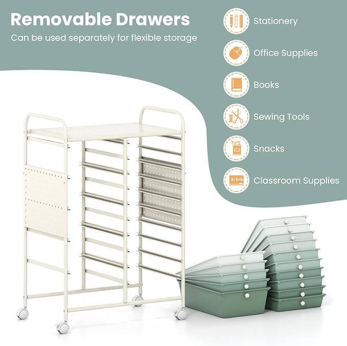 Giantex 15 Drawer Storage Cart, Rolling Craft Cart with Metal Tabletop & Pegboard, Mobile Utility Organizer Trolley with Locking Wheels, Home Office, Green Gradient