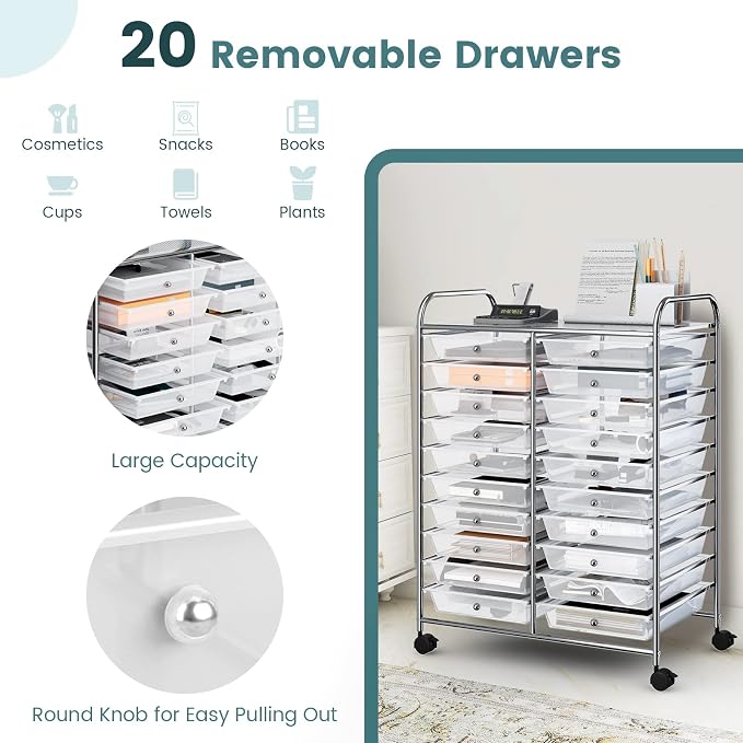 COSTWAY 20 Drawers Rolling Storage Cart, Multipurpose Movable Organizer Cart for Tools, Scrapbook, Paper, Craft, Utility Storage Trolley on Wheels for Home Office School (Clear)