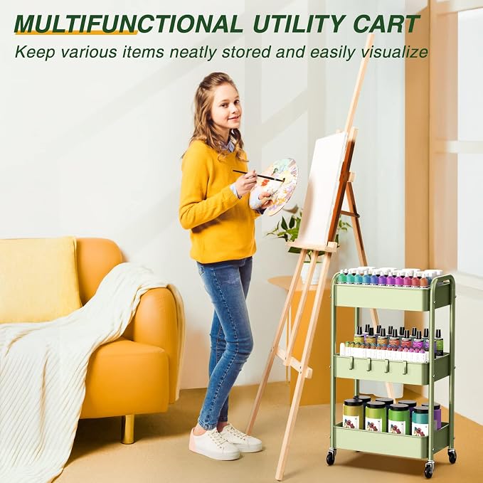 LEHOM 3 Tier Rolling Cart, Metal Rolling Utility Cart with Lockable Wheels & Hooks, Multi-Functional Heavy Duty Storage Cart Organizer for Bathroom, Kitchen, Office, Living Room