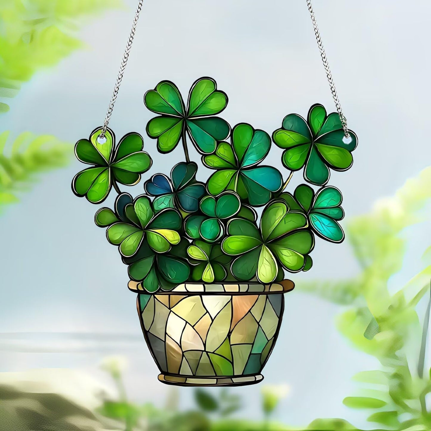 1PC Shamrock in Pot Acrylic Suncatcher Hanging, 7.08 inch Window Decor with Printed Stained Glass Style Design, Rainbow Maker Wall Art, Gift Idea & Garden Ornament Indoor Outdoor Use/ZW-02