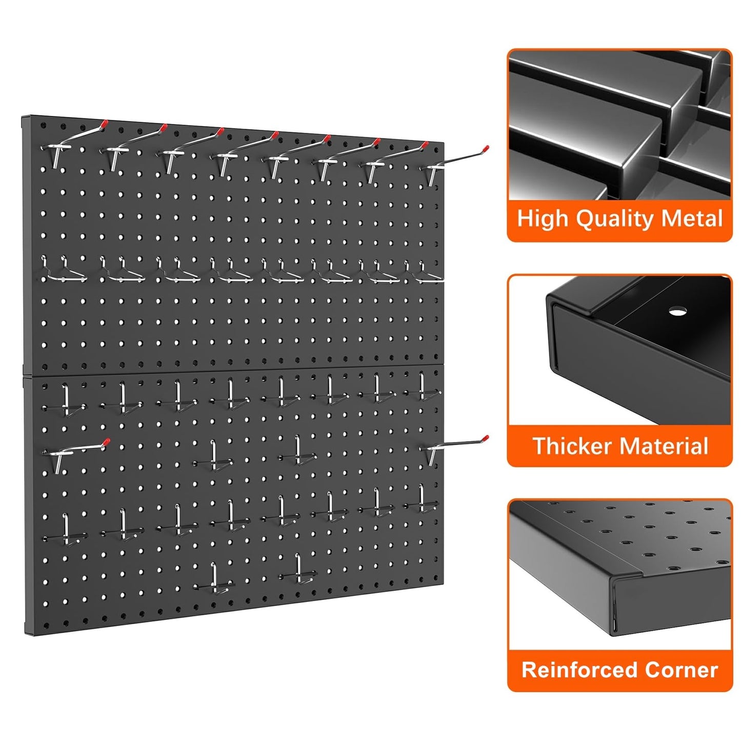 TORACK Metal Pegboard Wall Organizer 24" x 24" or 12" x 48", 70 PCS Tools Storage Pegboard for Garage Tool Organizer Peg Board with Pegboard Hooks for Workbench(Black)