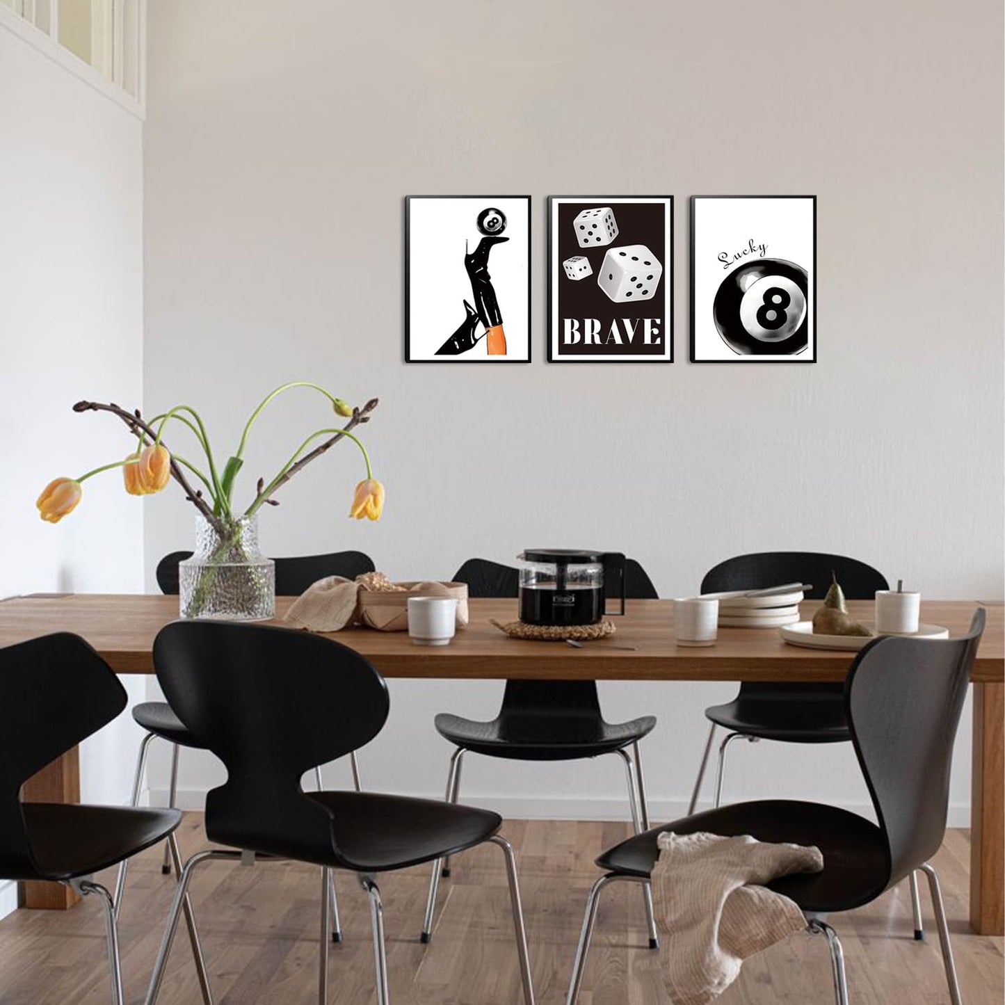 Framed Black And White Dice Wall Art Set of 3, Funky Retro Y2K Trendy Preppy, Lucky 8 Ball Coquette Boots Poster Canvas Prints for Game Room Bedroom Dorm Home Decor 16x12 Inch