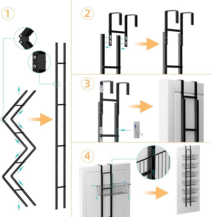 6-Tier Over The Door Pantry Organizer, Metal Hanging Storage Shelf Spice Rack with Adjustable 6 Baskets, Space-Saving Behind Door Organizer for Kitchen, Bathroom, Laundry Room, Black