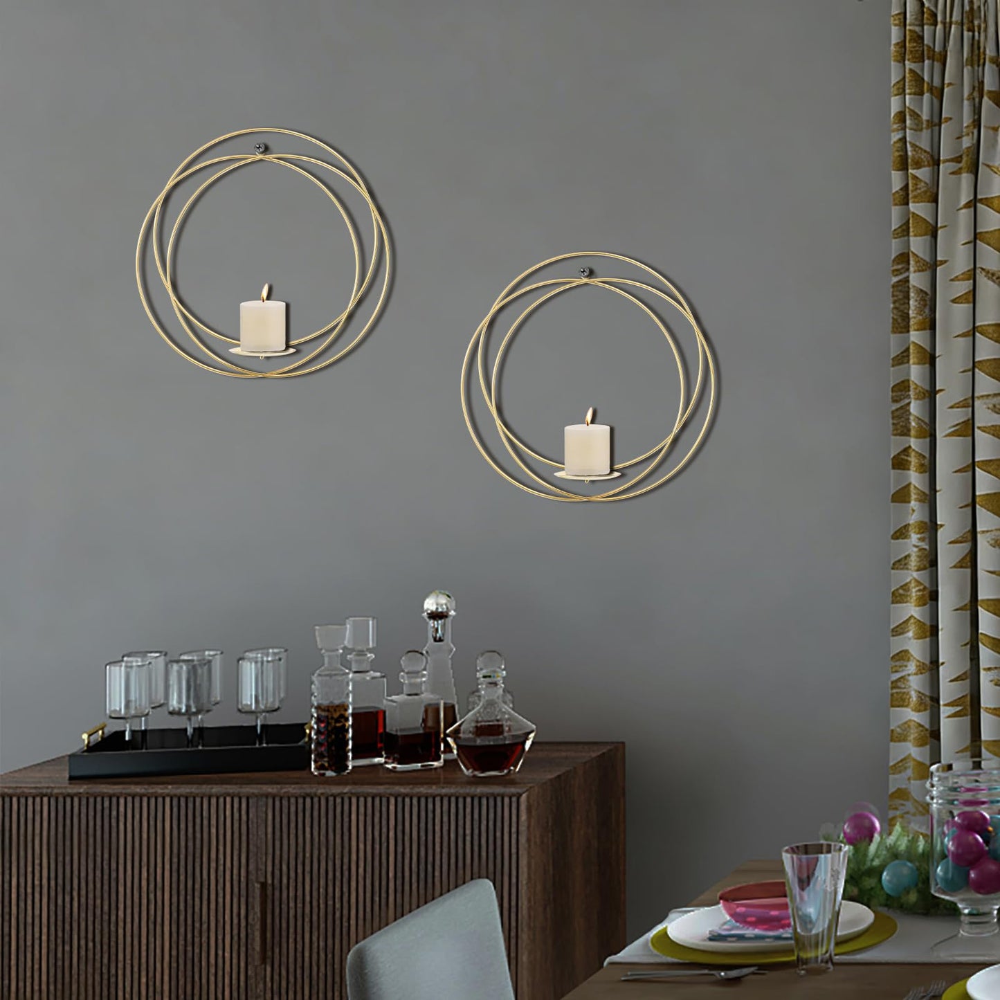 Wall Candle Sconces Set of 2 Gold Metal Hanger with Wood Base Farmhouse Rustic Wall-Mount Candle Holders Modern Wall Decorations for Living Room Bathroom Garden Patio Office