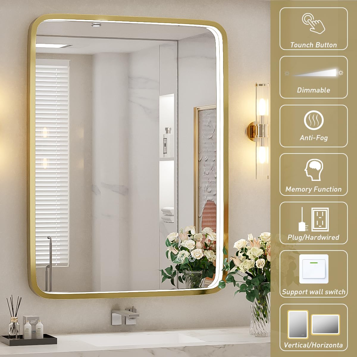 FTOTI 28x36 Inch LED Bathroom Mirror with lights,Wall Mounted Lighted Vanity Mirrors with Non-Rusting Gold Metal Frame Anti-Fog Memory Funtion Stepless Dimmable for Bathroom Decor(Horizontal&Vertical)