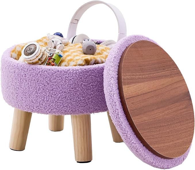 Wimarsbon Storage Ottoman, Modern Round Footrest with Soft Padded Seat, Teddy Velvet Footstool with Wood Legs, Accent Small Table or Plant Stand for Hallway, Living Room (Purple)